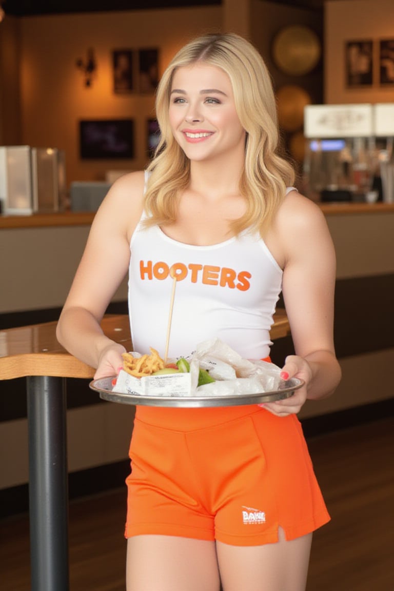 RAW photo, chloe grace moretz, (Hooters Uniform:1.14), natural look, blonde hair, white tanktop, orange skirt, (miniskirt), waitress holding tray of food, looking at viewer, restaurant background