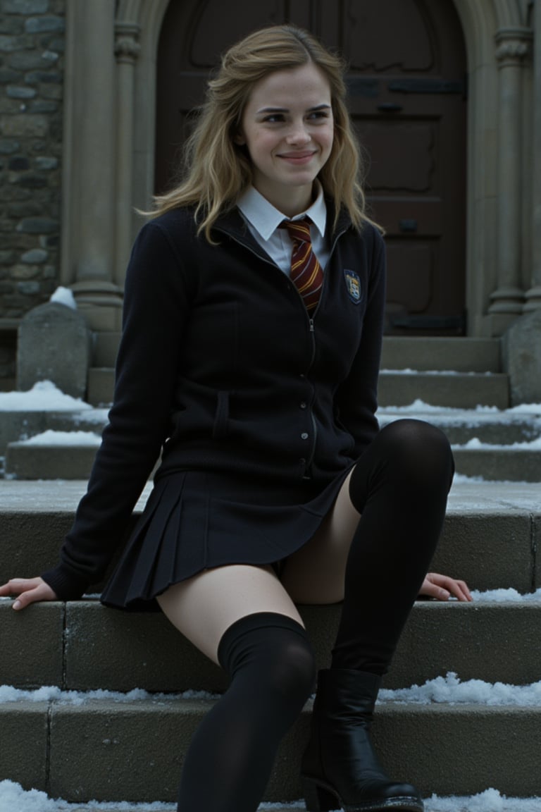 herm, (wearing hogwarts uniform:1.15), miniskirt, smirk, sitting on stone staircase, one leg up, castle door in background, winter