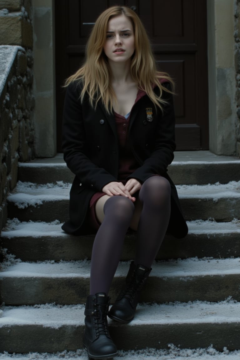 herm, (wearing hogwarts uniform:1.15), miniskirt, unbuttoned shirt, sitting on stone staircase, one leg up, castle door in background, winter