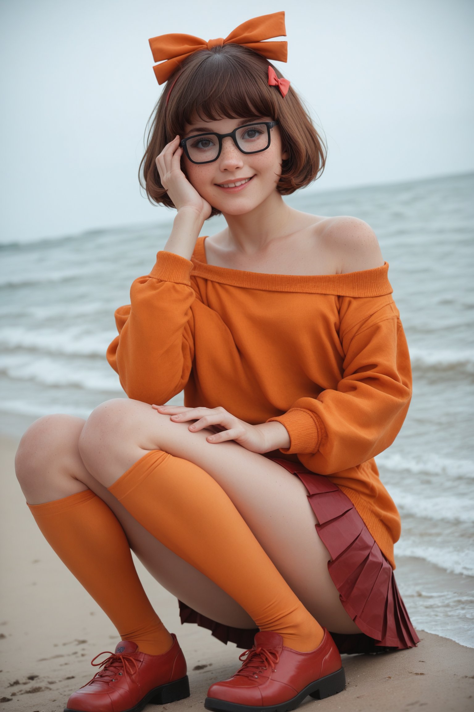 score_9, score_8_up, score_7_up, source_real, (Velma Dinkley) 1girl, petite, smile, short hair, brown hair, freckles, orange sweater, off-shoulder, black-framed eyewear,  hair bow, (red miniskirt, pleated, miniskirt), orange thighhighs, red footwear, detailed background, outdoors, (closeup:1.14), dynamic pose, on_one_knee