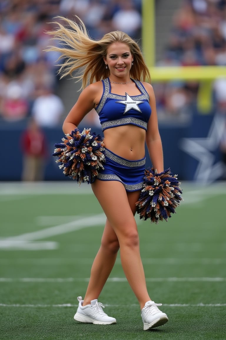 professional photo, sabrina, wearing a dallas cowboys cheerleader uniform, dynamic pose, football field