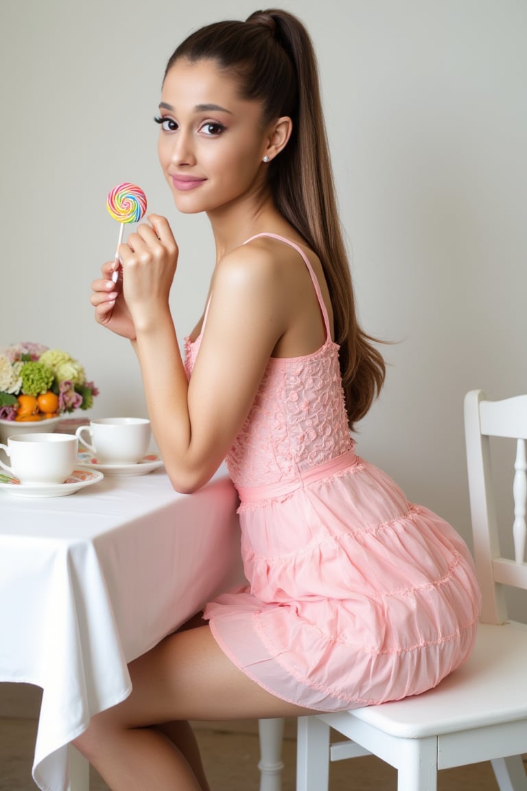 professional photo, 4r14n4, high ponytail,light makeup, woman in frilly pink dress, short dress, visible thigh, barefoot, holding lollipop candy, sitting at white table, tea set, side view, looking at viewer