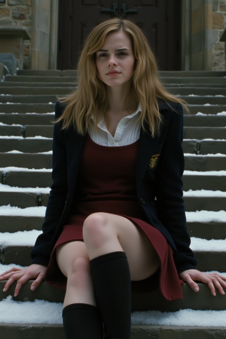 herm, (wearing hogwarts uniform:1.2), miniskirt, unbuttoned shirt, sitting on stone staircase, one leg up, castle door in background, winter