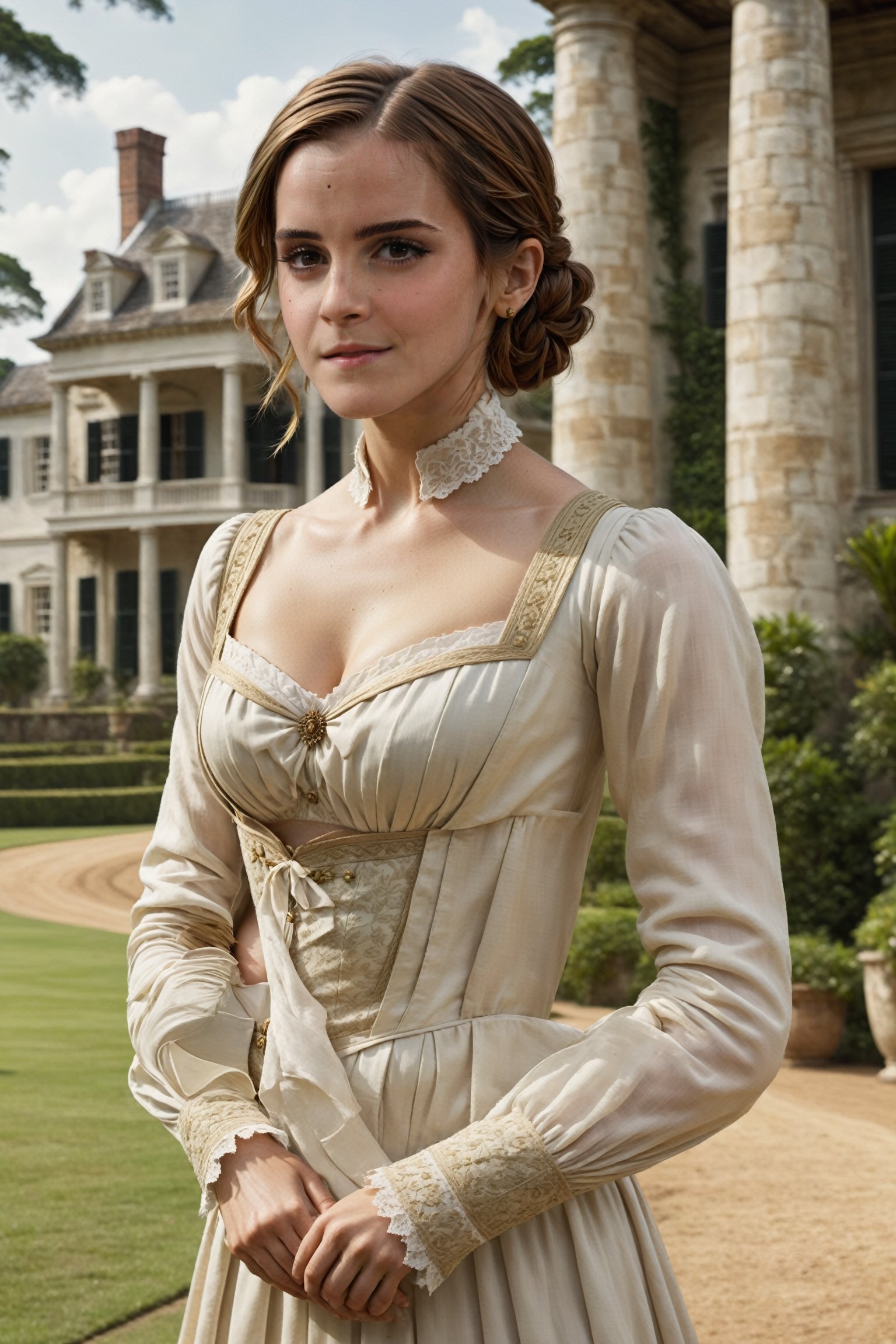 Emma Watson, colonial outfit, cleavage, (dynamic pose), realistic skin texture, glistening skin, wide shot, detailed face, plantation house in background, colonial aesthetic, detailed background (full body shot), side view, looking back at viewer, full body shot