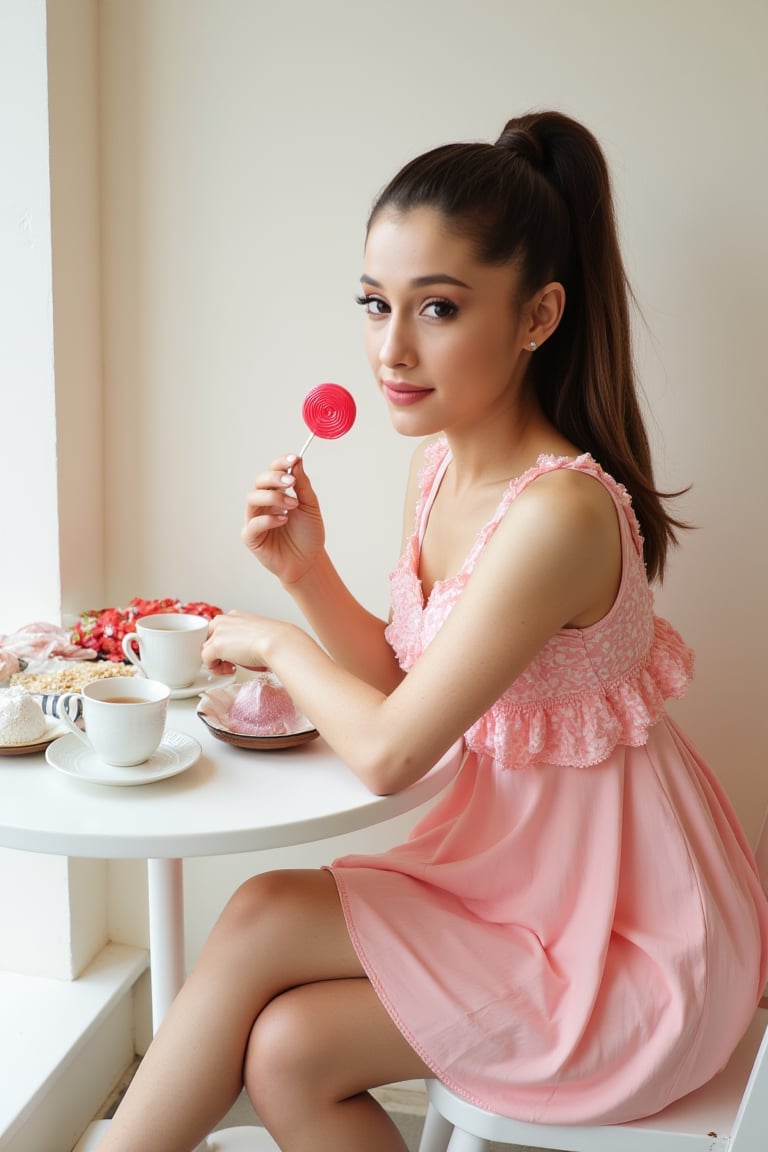 professional photo, 4r14n4, high ponytail,light makeup, woman in frilly pink dress, short dress, barefoot, holding lollipop candy, sitting at white table, tea set, side view, looking at viewer