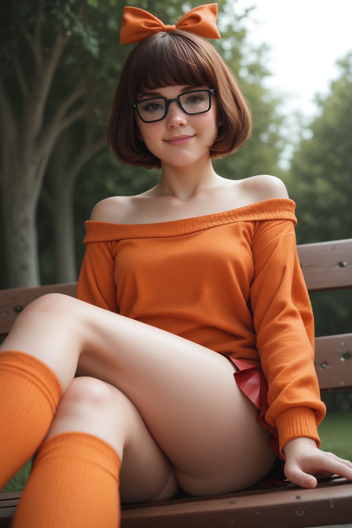 score_9, score_8_up, score_7_up, source_real, adult (Velma Dinkley) 1girl, petite, smile, short hair, brown hair, freckles, orange sweater, off-shoulder, black-framed eyewear,  hair bow, (red_miniskirt, pleated, miniskirt), thighhighs, detailed background, (closeup:1.14), sitting on park bench, one_leg_up, pov from below