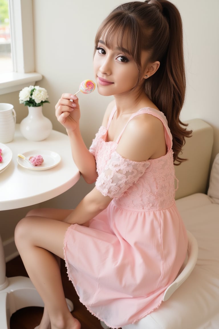 professional photo, 4r14n4, high ponytail,light makeup, woman in frilly pink dress, short dress, visible thigh, barefoot, holding lollipop candy, sitting at white table, tea set, side view, looking at viewer