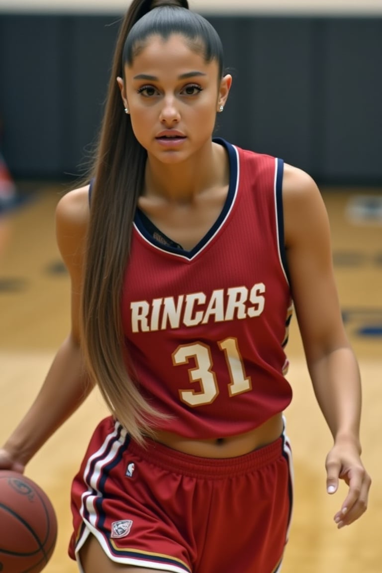 candid photo of Ariana Grande playing basketball, high ponytail, basketball jersey, midriff, braless, tight shorts, sweating, glistening skin, closeup, looking at viewer