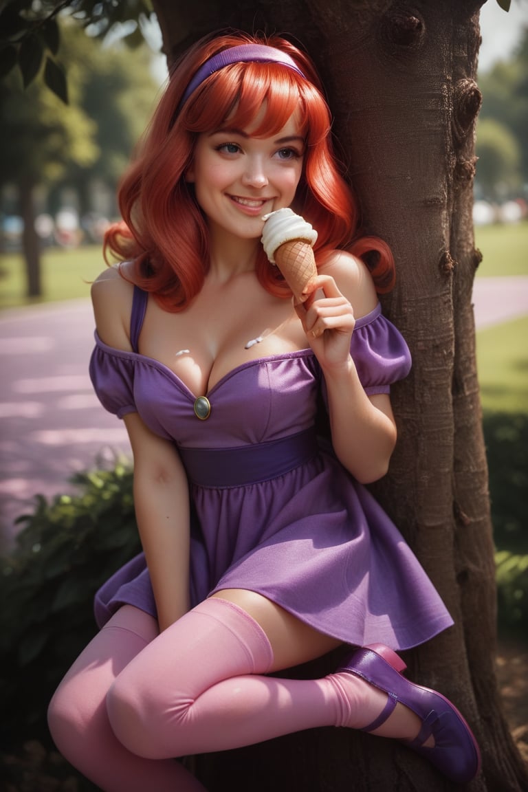 score_9, score_8_up, score_7_up, source_real, adult (Daphne Blake) 1girl, petite, smile, purple hairband, (shoulder length red hair), off-shoulder, purple top, cleavage, dress, pink thighhighs, and purple shoes, detailed background, leaning against tree, eating ice cream in park