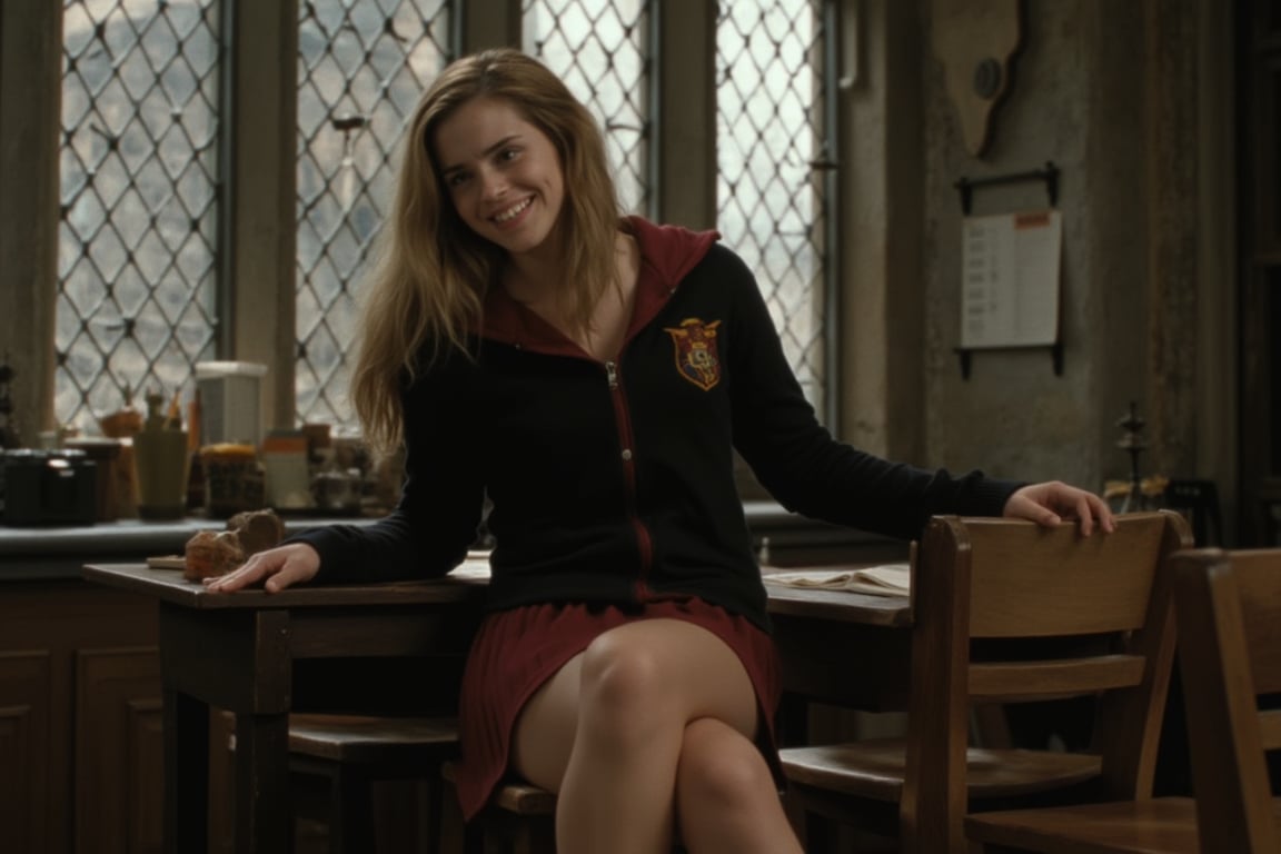 RAW photo of herm, (wearing hogwarts uniform:1.15), miniskirt, (visible midriff, navel), smug smile, dynamic pose, sitting in classroom, one leg up propped up on desk, hogwarts theme, castle background