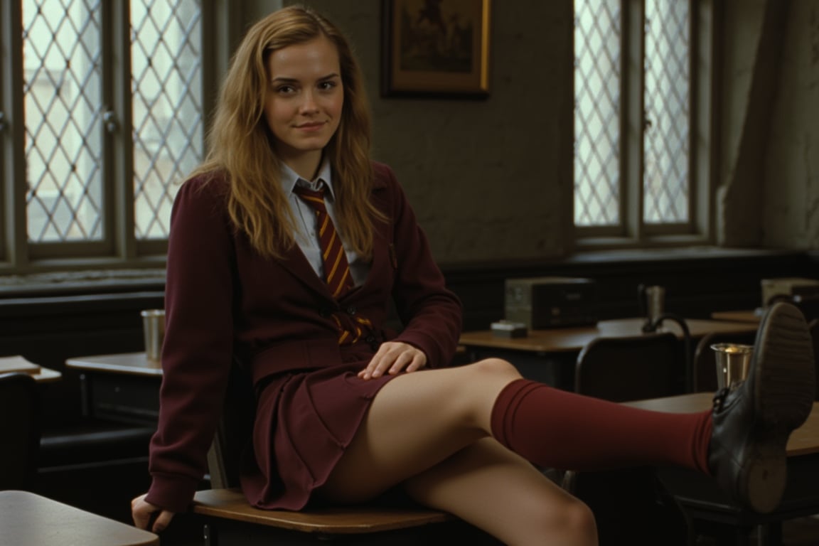 RAW photo of herm, (wearing hogwarts uniform:1.15), miniskirt, (visible midriff, navel), smug smile, dynamic pose, sitting in classroom, one leg up propped up on desk, hogwarts theme, castle background