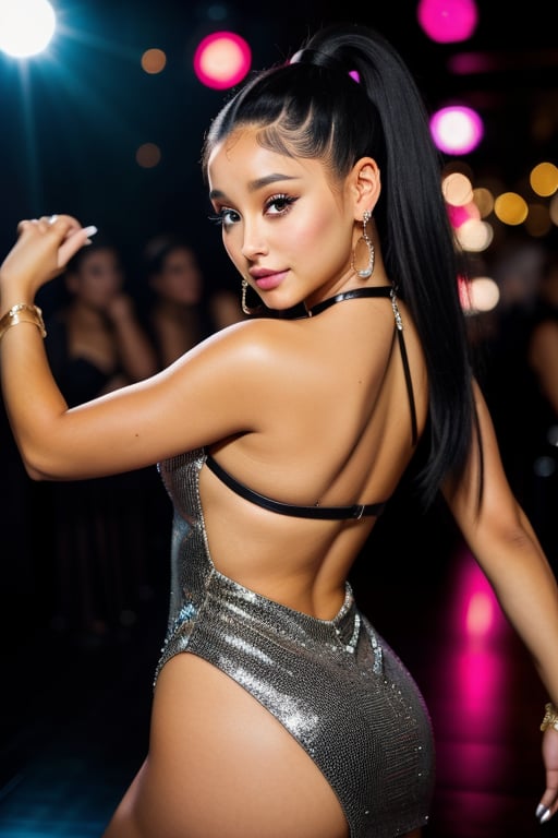 1girl, arianagrande, smirk, black hair, high ponytail, clubwear, halter dress, tight dress, microdress, (dancing, dynamic pose), sharp focus, photorealistic, nightclub, (bokeh:1.18), (unfocused background), neon lights,