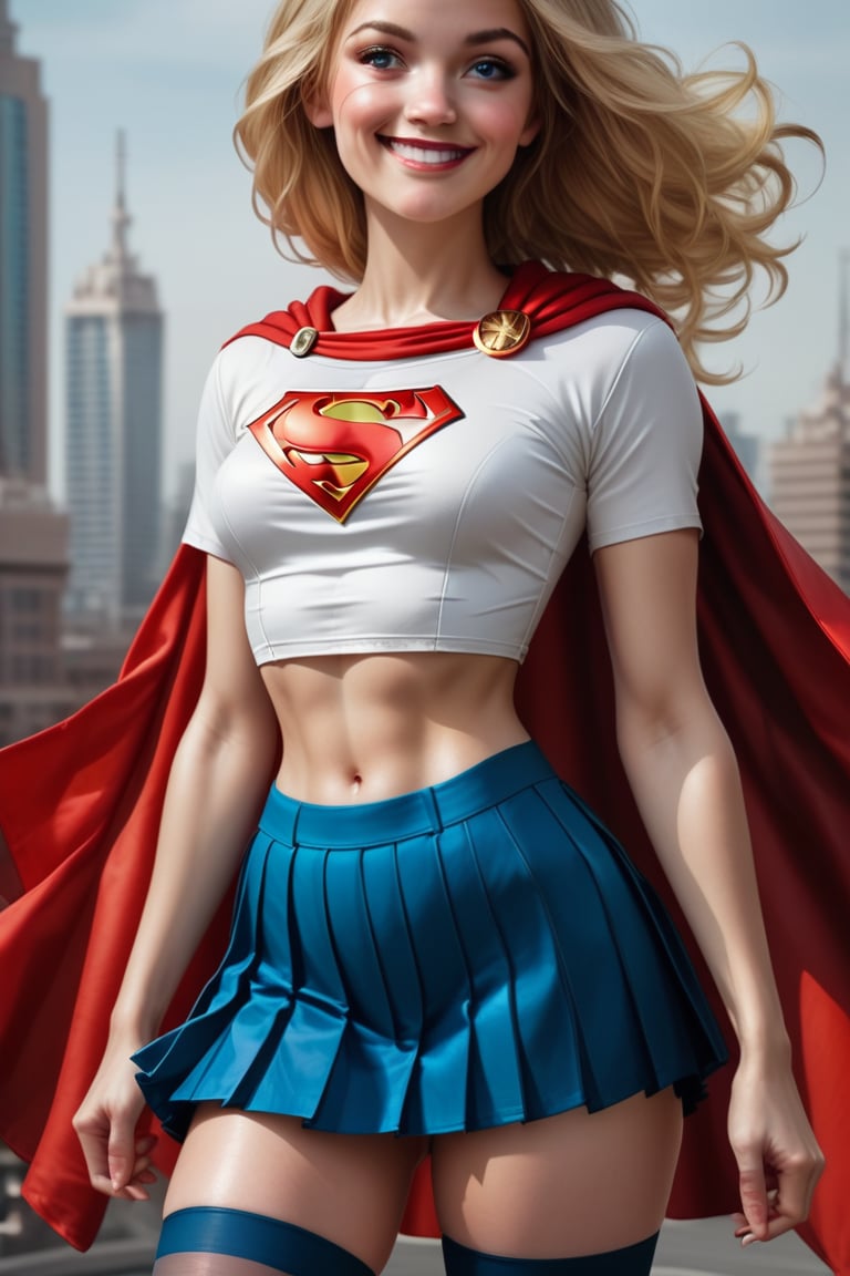 score_9, score_8_up, score_7_up, source_cartoon, rating_questionable, petite supergirl 1girl, , smile, blonde hair, (white crop top, logo) (blue_miniskirt, pleated, miniskirt:1.12) red_cape, thighhighs flying over city, 