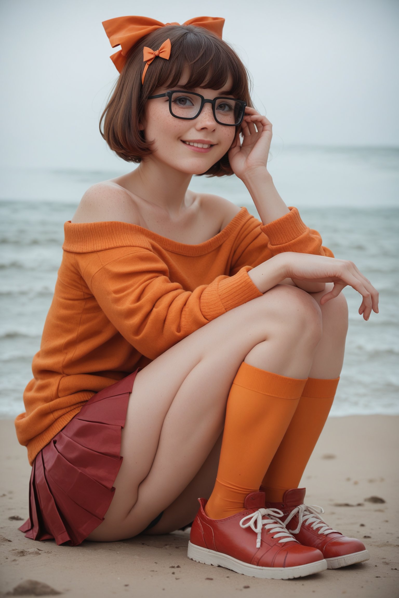 score_9, score_8_up, score_7_up, source_real, (Velma Dinkley) 1girl, petite, smile, short hair, brown hair, freckles, orange sweater, off-shoulder, black-framed eyewear,  hair bow, (red miniskirt, pleated, miniskirt), orange thighhighs, red footwear, detailed background, outdoors, (closeup:1.14), dynamic pose, on_one_knee