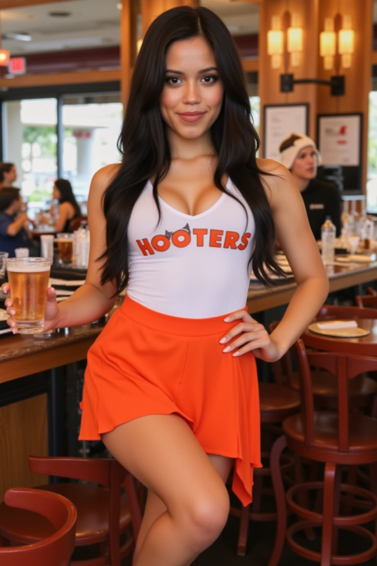 Jenna Ortega, (Hooters Uniform), white tanktop, orange skirt, (miniskirt), leaning on table, one leg up, looking at viewer, restaurant background