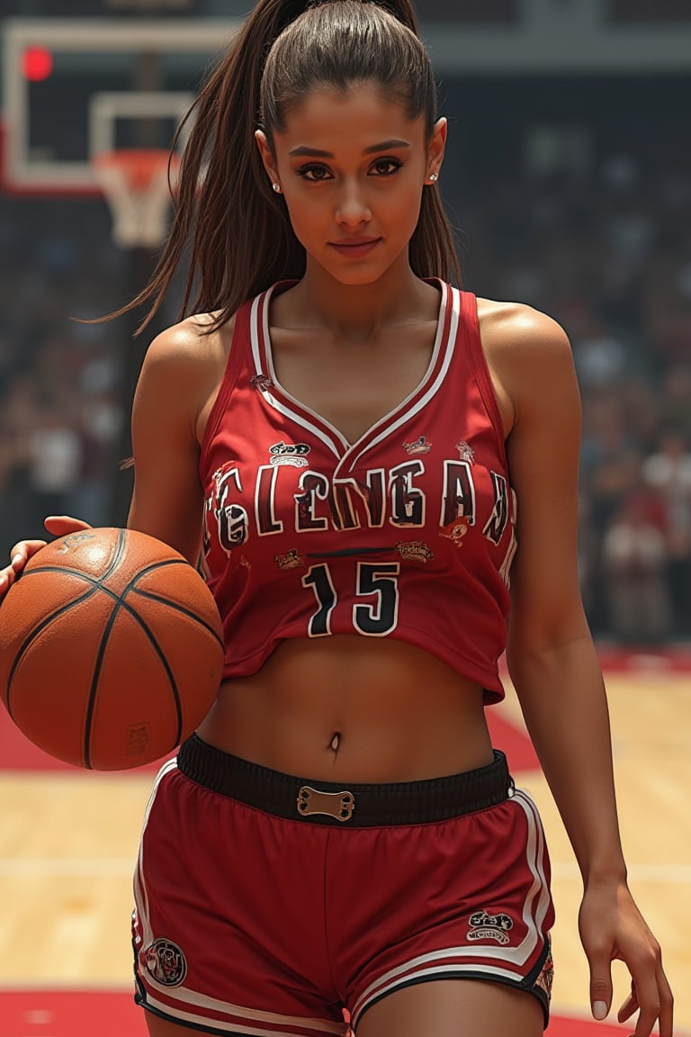 photo of 4r14n4 playing basketball, high ponytail, basketball jersey, midriff, braless, tight shorts, sweating, glistening skin, closeup, looking at viewer