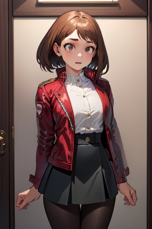 masterpiece, best quality, highres, (red jacket:1.2), buttons, long sleeves, black skirt, high-waist skirt, black pantyhose, cowboy shot, hmochako,portrait