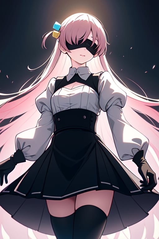 masterpiece, best quality, highres,hm2b, black skirt,  eyes_covered, clothing cutout, long sleeves, puffy sleeves, juliet sleeves, black thighhighs, black gloves,light, 2b_outfit, blindfold,gotou1, hitori gotou, pink