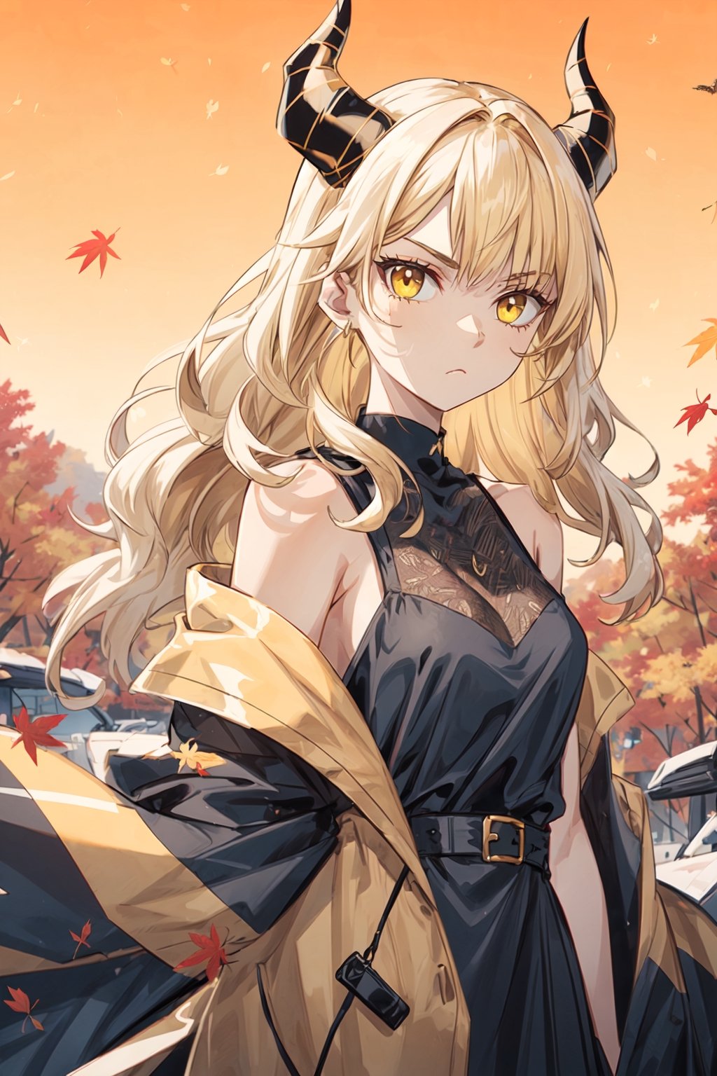 Light wheat colored hair, golden eyes, yellow and white, autumn, vivid colors, cold look, furious,squinted eyes, black dress with details, simple background, orange landscape, autumn season, ray tracing, wavy hair, 20 year old, young_woman, twisted black horns,midjourney