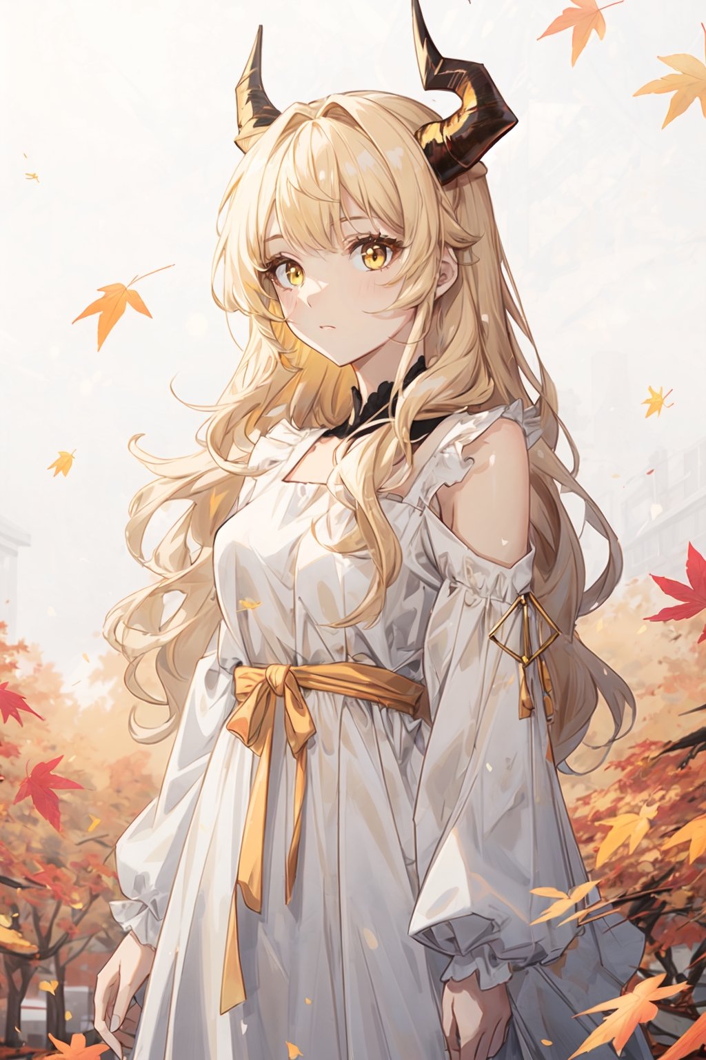 Light wheat colored hair, golden eyes, yellow and white, autumn, vivid colors, white dress, paint splash, simple background, orange landscape, autumn season, ray tracing, wavy hair, 20 year old, young_woman, twisted black horns,midjourney