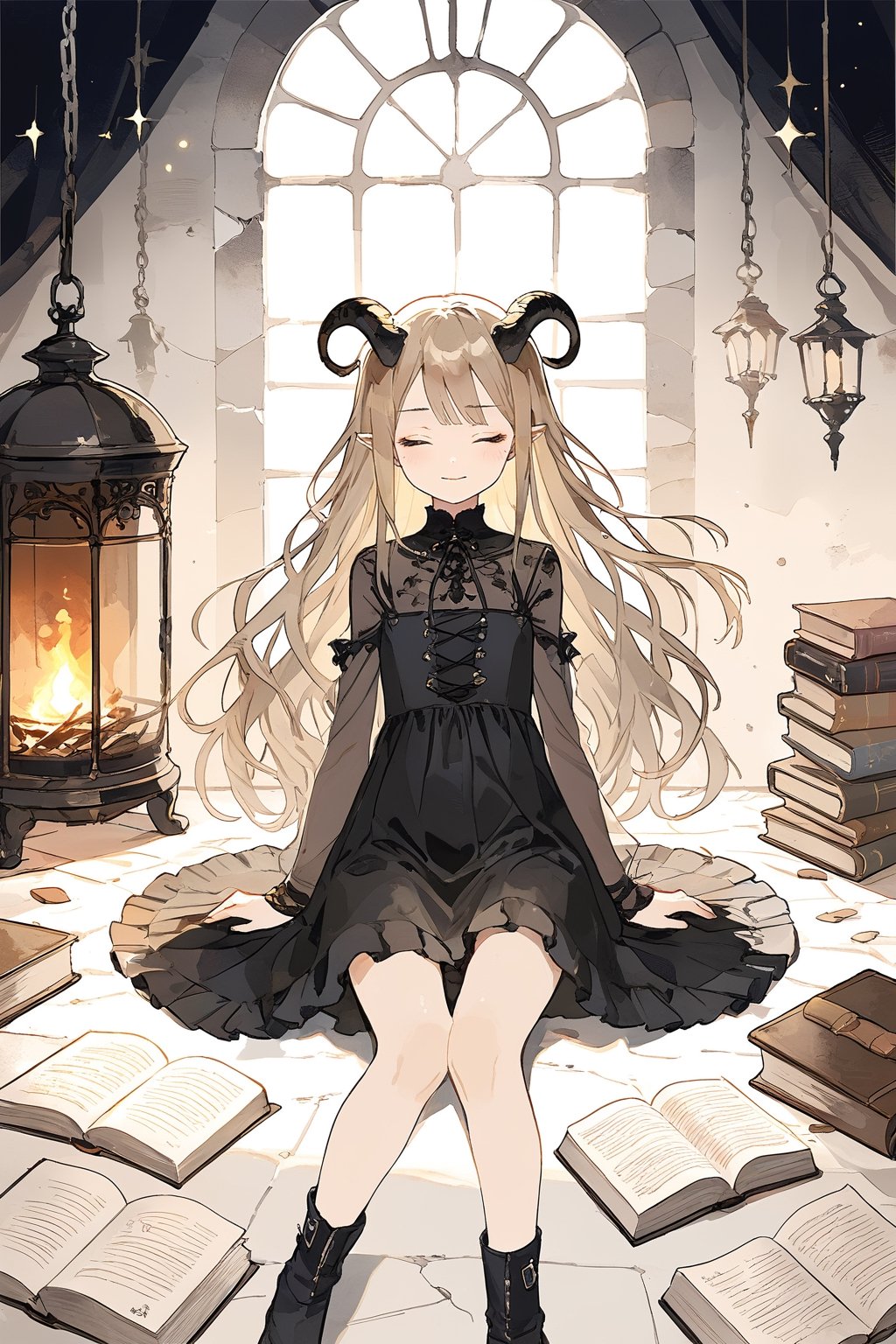 masterpiece, best quality, aesthetic,1girl,sole_female,twisted black horns,closed eyes,faint smile,ember,dilapidated,chained,firelight,sparkle,facing viewer,books,room,wheat colored hair,dark_room,black_dress,medium_long_hair,human_ears,8 years old, cute, shiny, tenderness, 