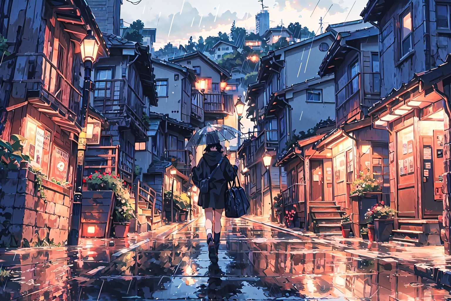 1girl, solo, holding, standing, outdoors, from behind, night, umbrella, ground vehicle, building, scenery, motor vehicle, reflection, rain, holding umbrella, city, sign, car, road, lamppost, street, traffic light, crosswalk, real world location, vanishing point,pastelbg,ninjascroll