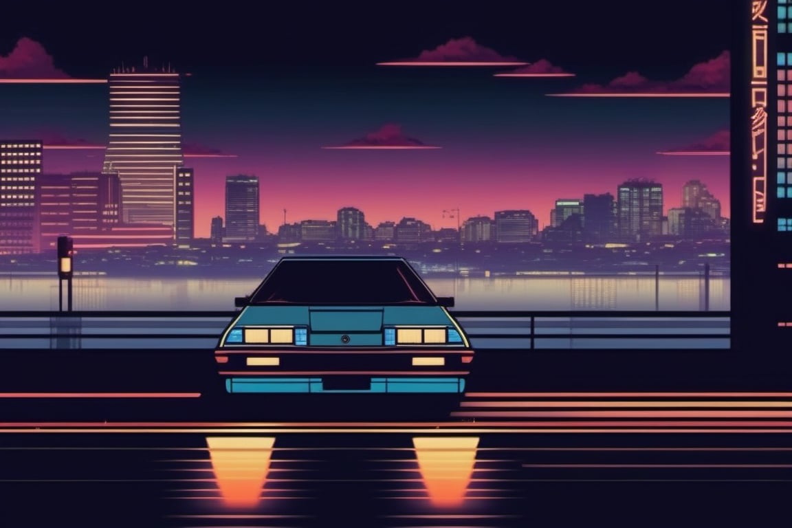 lofi anime, lofi, building, car, city, cityscape, cloud, cloudy sky, evening, from behind, ground vehicle, lofi style, motor vehicle, neon lights, outdoors, reflection, road, scenery, sign, sky, solo, standing, street, sunset, traffic light, water, lofi