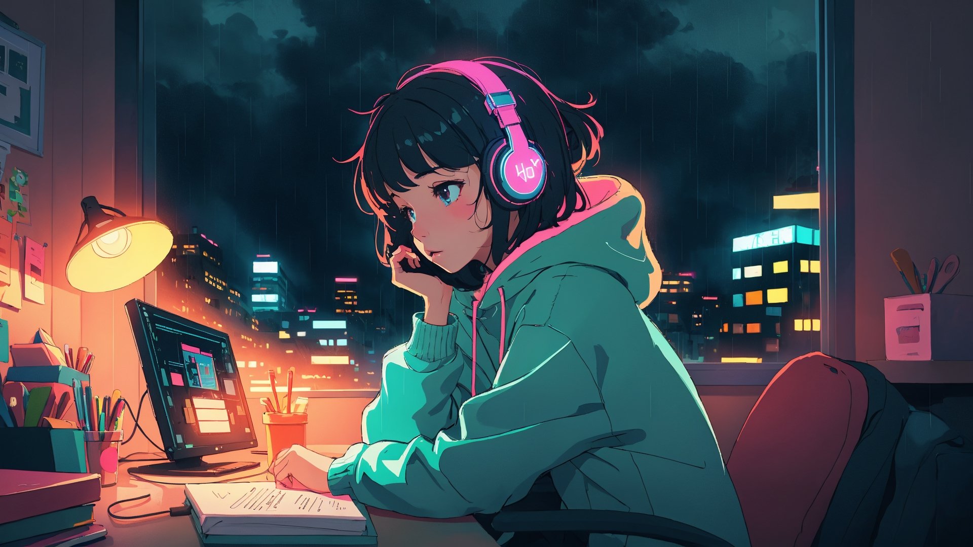 1girl, headphone, study table, window, rainy day, flat design, low light, neon light reflation,EpicArt,High detailed 