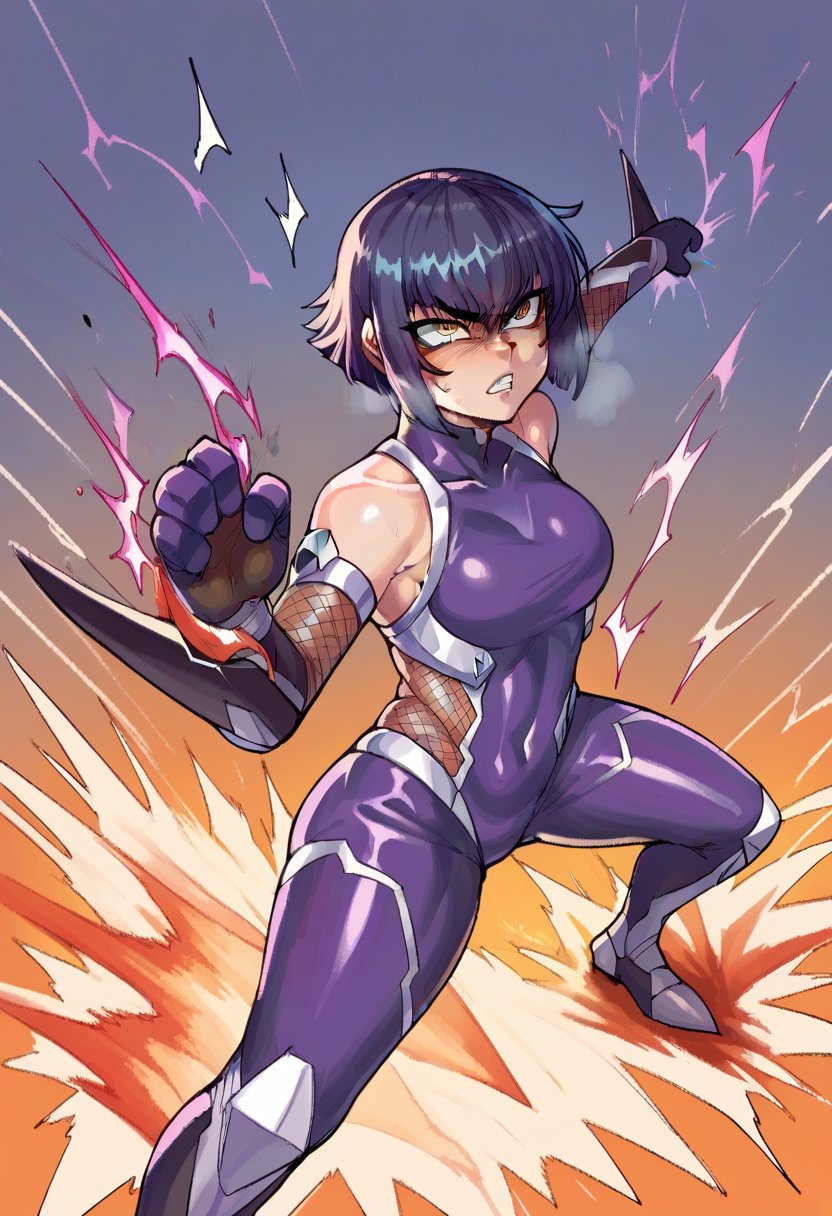 score_9, score_8_up, score_7_up,BREAK 1girl,Taimanin Asagi,Asagi Igawa,purple taimanin suit,battle stance,krekkov style