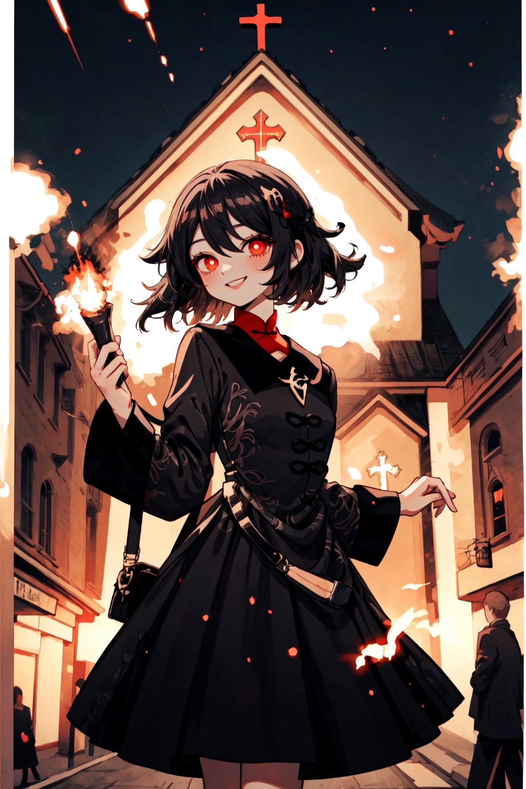 Hu tao,woman,  short hair, red eyes,  anime background,  smooth graphic, black dress,  holding a gospel,  night street, church background,  glowing in the dark,  resolution 8k, smile, black hair,pikkyhutao