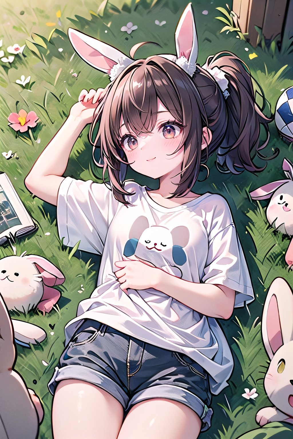 masterpiece,hig quality, 1 girl, long ponytail, choppy bans, brown hair.
short, T-shirts, short pants.

Lying on grass, rabbit ear.

dynamic, highly detailed, concept art, smooth, sharp focus.