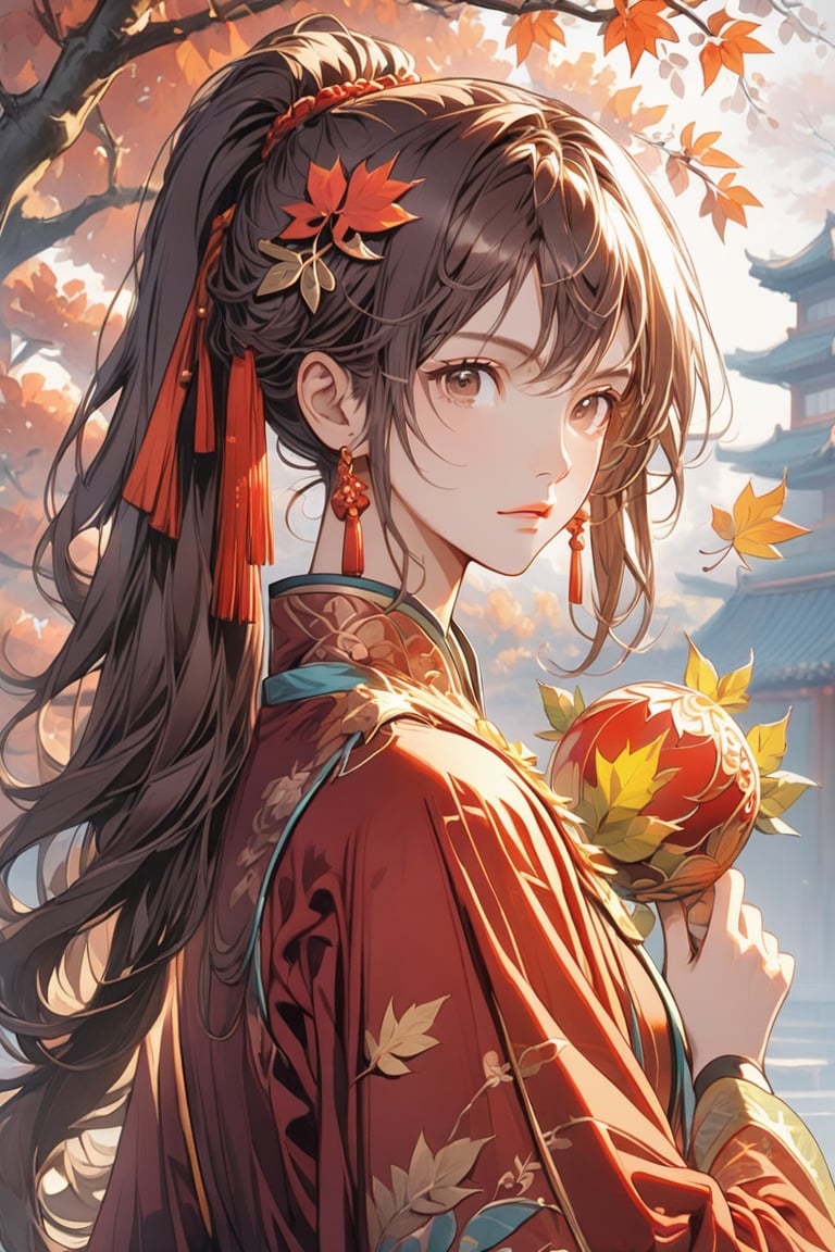 solo, long hair, looking at viewer, brown hair, hair ornament, long sleeves, 1boy, holding, brown eyes, upper body, ponytail, male focus, parted lips, wide sleeves, headband, leaf, chinese clothes, high ponytail