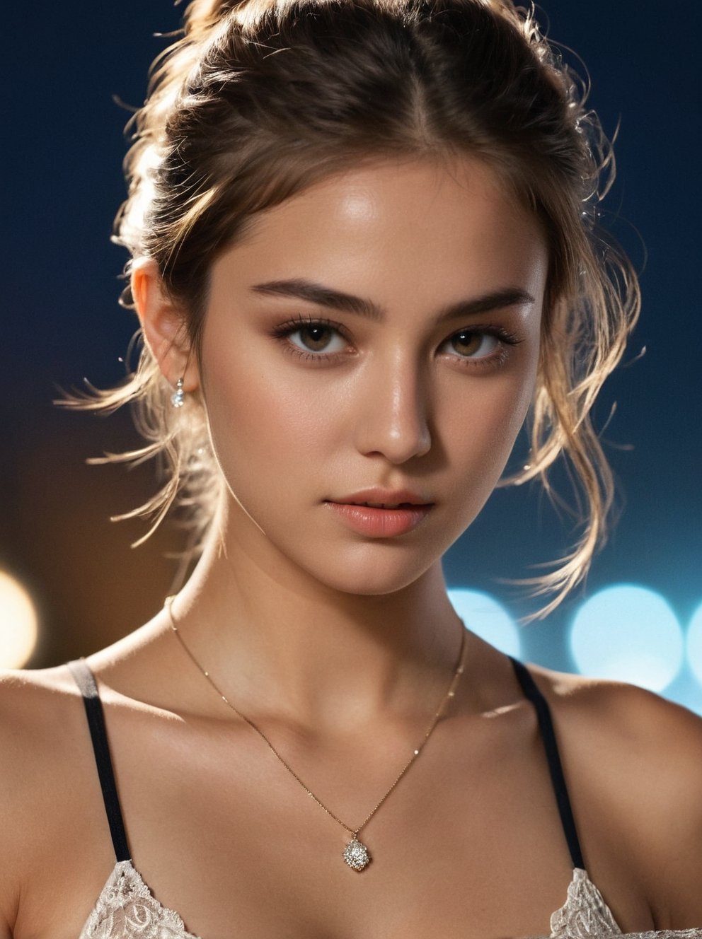 half body photo of 18 years old girl, spectacular night lighting, with a very small necklace and very small earrings made of pieces of oak wood, glow, hair tied in a bun, bangs, perfect athletic figure and anatomy, dress very small lace nude, proportionate body, slightly tanned skin, various intricate poses, clarity, fine brushwork, with a severe face, 32k, trending on Artstation, UHD, XHD, unrealistic engine - backlit, very attractive appearance, glow in the gray eyes, impeccable facial expressions, beauty dynamics, play of light, masterpiece of photography, award-winning photography, model, full frame, symmetrical, hyper-realistic, dynamic lighting,