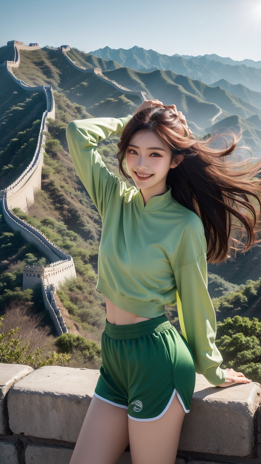 1 girl stands on the Great Wall of China, smiling. She was wearing simple and fashionable sportswear, with her long hair flying in the wind. The background is the winding Great Wall and rolling green mountains. The sunlight is soft and adds a warm tone to the picture.,1 girl ,Asia