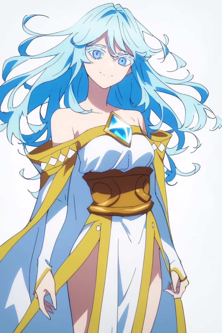 score_9, score_8_up, score_7_up, score_6_up, score_5_up, score_4_up, anime screencapBREAKelfaria_olis, 1girl, solo, light blue hair, long hair, colored eyelashes, blue eyes, chest jewel, off-shoulder dress, yellow sash, side cape, bridal gauntlets, pelvic curtain, looking at viewer, smile, closed mouth, upper bodyBREAKwind, wind lift, elfaria_olis,


,(( white background, blank background))