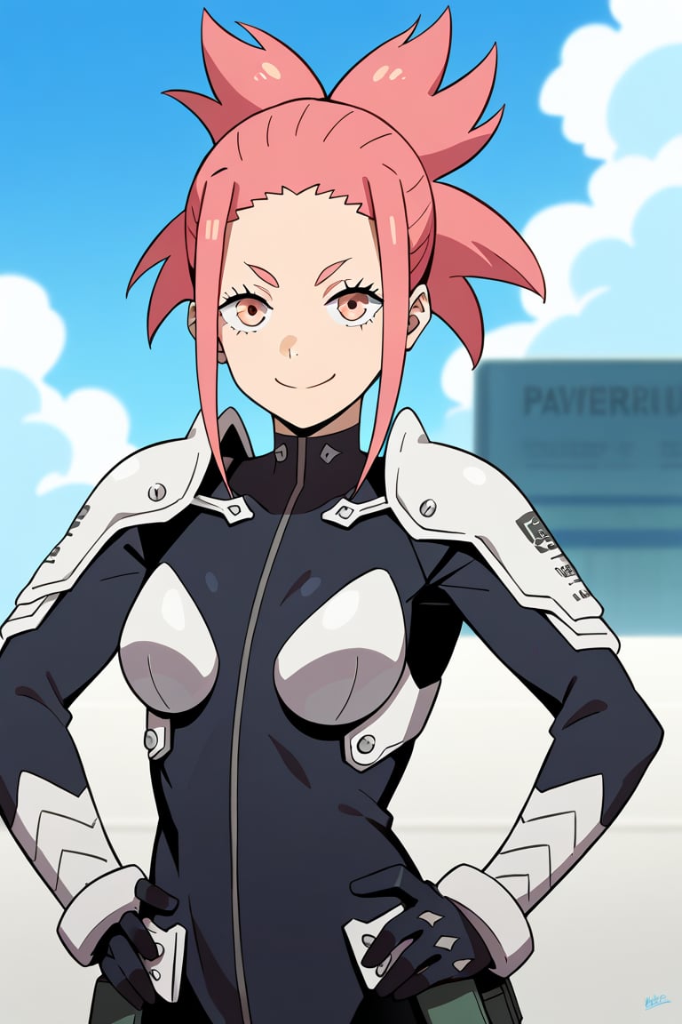 (looking at viewer, smile, closed mouth, hands on own hips),   taenakanoshima, pink hair, ponytail, pink eyes, black bodysuit, armor, black gloves, shoulder armor, 16k, masterpiece, absurdes, highly detailed, highres, high quality, best quality, score_9, score_8_up, score_7_up, score_6_up