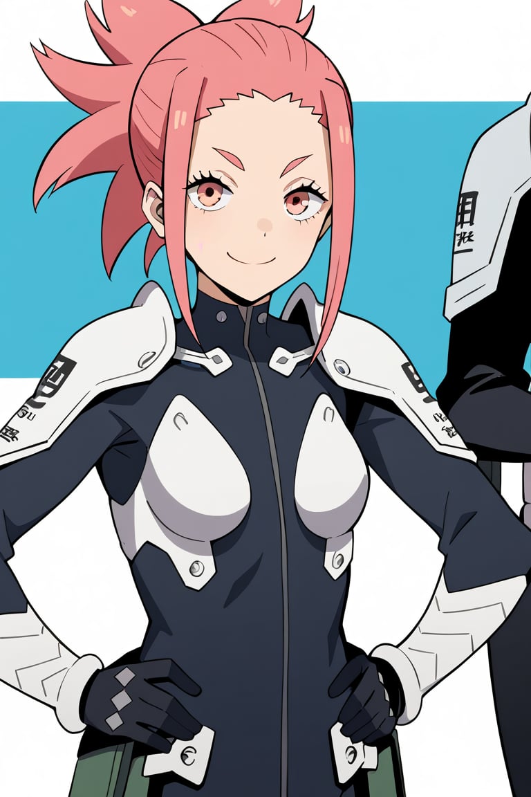 (looking at viewer, smile, closed mouth, hands on own hips),   taenakanoshima, pink hair, ponytail, pink eyes, black bodysuit, armor, black gloves, shoulder armor, 16k, masterpiece, absurdes, highly detailed, highres, high quality, best quality, score_9, score_8_up, score_7_up, score_6_up