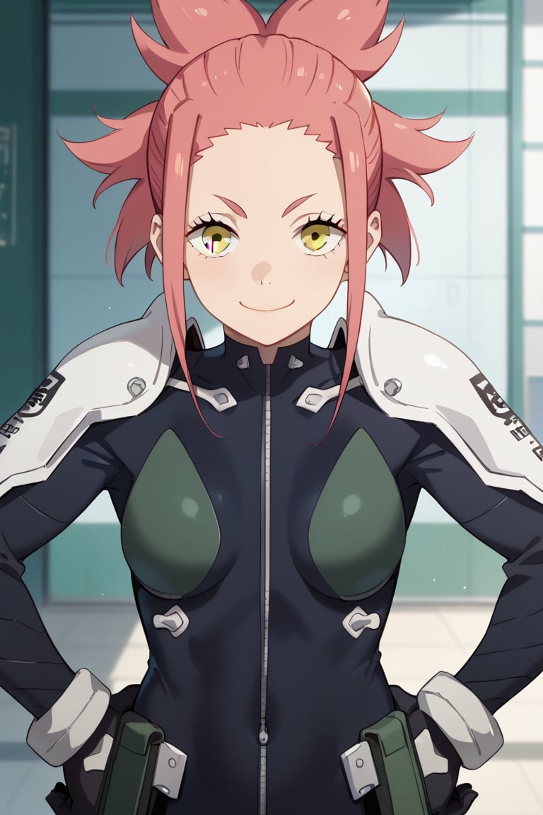 (looking at viewer, smile, closed mouth, hands on own hips),   taenakanoshima, pink hair, ponytail, pink eyes, black bodysuit, armor, black gloves, shoulder armor, 16k, masterpiece, absurdes, highly detailed, highres, high quality, best quality, score_9, score_8_up, score_7_up, score_6_up