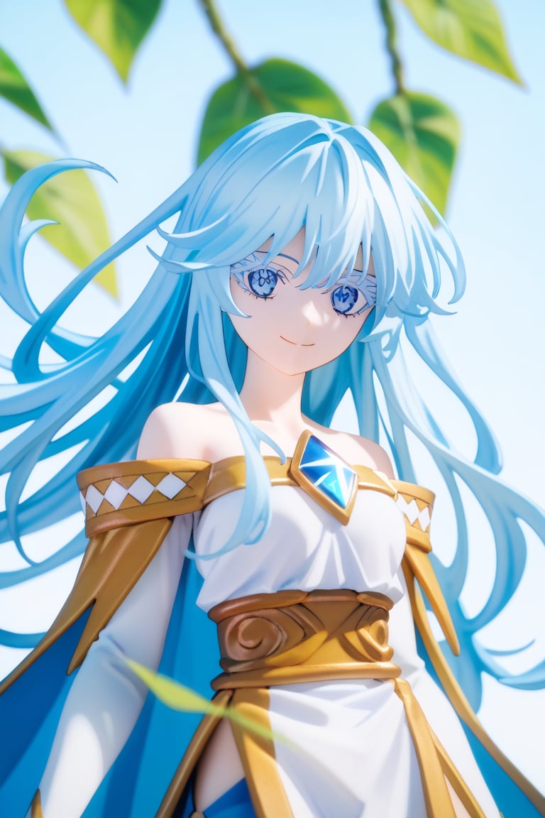 score_9, score_8_up, score_7_up, score_6_up, score_5_up, score_4_up, anime screencapBREAKelfaria_olis, 1girl, solo, light blue hair, long hair, colored eyelashes, blue eyes, chest jewel, off-shoulder dress, yellow sash, side cape, bridal gauntlets, pelvic curtain, looking at viewer, smile, closed mouth, upper bodyBREAKwind, wind lift, elfaria_olis,score_9,score_8_up,score_7_up,source_anime