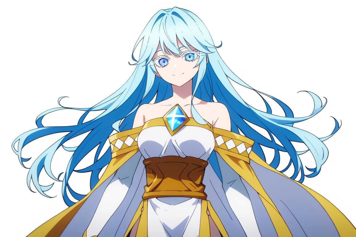 score_9, score_8_up, score_7_up, score_6_up, score_5_up, score_4_up, anime screencapBREAKelfaria_olis, 1girl, solo, light blue hair, long hair, colored eyelashes, blue eyes, chest jewel, off-shoulder dress, yellow sash, side cape, bridal gauntlets, pelvic curtain, looking at viewer, smile, closed mouth, upper bodyBREAKwind, wind lift, elfaria_olis,


,(( white background, blank background))