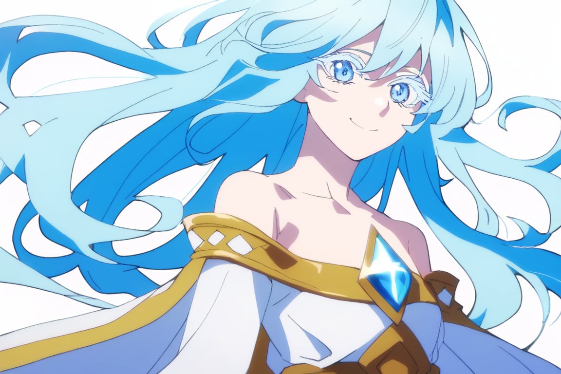 score_9, score_8_up, score_7_up, score_6_up, score_5_up, score_4_up, anime screencapBREAKelfaria_olis, 1girl, solo, light blue hair, long hair, colored eyelashes, blue eyes, chest jewel, off-shoulder dress, yellow sash, side cape, bridal gauntlets, pelvic curtain, looking at viewer, smile, closed mouth, upper bodyBREAKwind, wind lift, elfaria_olis,


,(( white background, blank background))