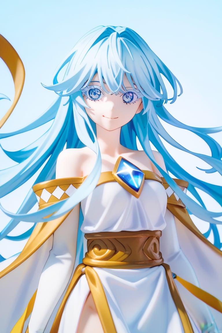 score_9, score_8_up, score_7_up, score_6_up, score_5_up, score_4_up, anime screencapBREAKelfaria_olis, 1girl, solo, light blue hair, long hair, colored eyelashes, blue eyes, chest jewel, off-shoulder dress, yellow sash, side cape, bridal gauntlets, pelvic curtain, looking at viewer, smile, closed mouth, upper bodyBREAKwind, wind lift, elfaria_olis,score_9,score_8_up,score_7_up,source_anime