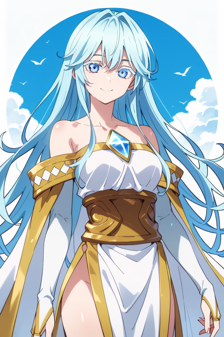 score_9, score_8_up, score_7_up, score_6_up, score_5_up, score_4_up, anime screencapBREAKelfaria_olis, 1girl, solo, light blue hair, long hair, colored eyelashes, blue eyes, chest jewel, off-shoulder dress, yellow sash, side cape, bridal gauntlets, pelvic curtain, looking at viewer, smile, closed mouth, upper bodyBREAKwind, wind lift, elfaria_olis