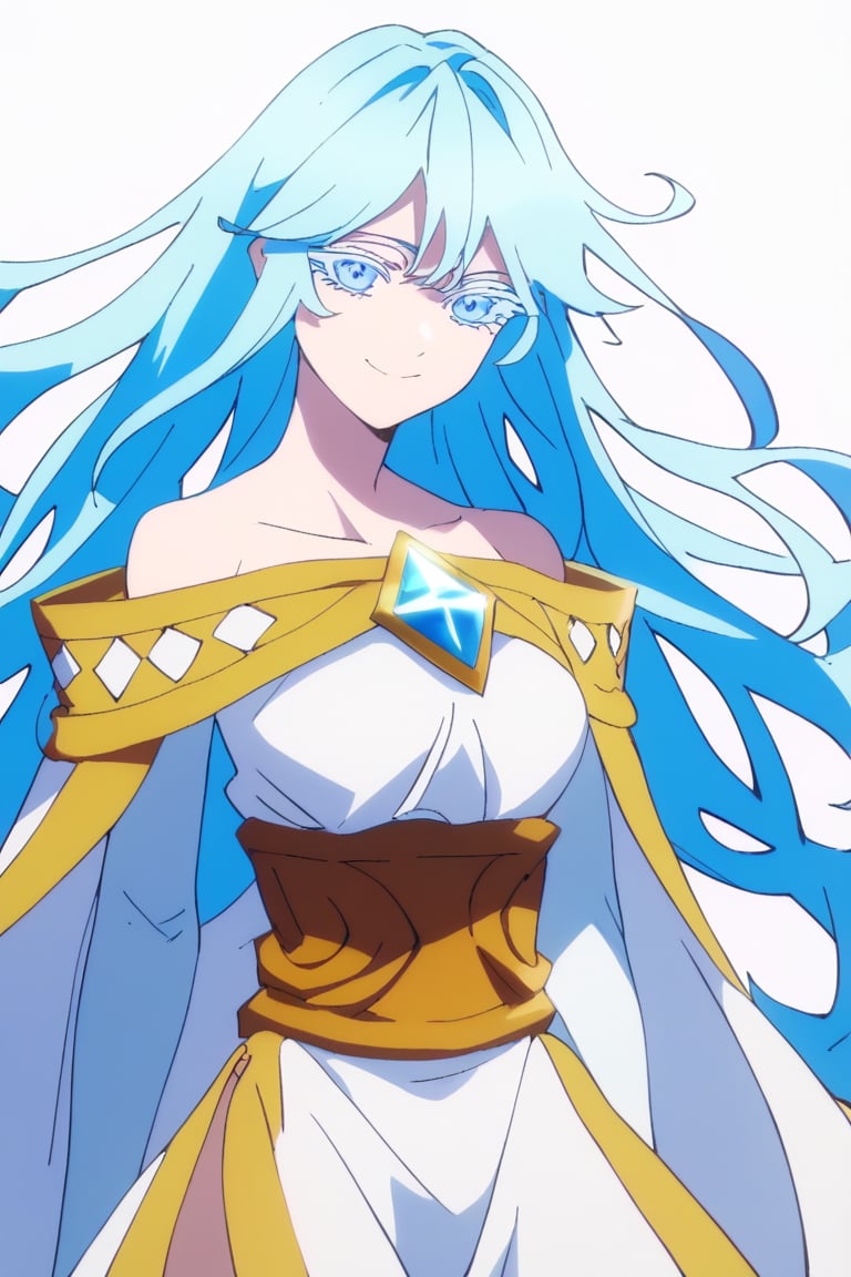 score_9, score_8_up, score_7_up, score_6_up, score_5_up, score_4_up, anime screencapBREAKelfaria_olis, 1girl, solo, light blue hair, long hair, colored eyelashes, blue eyes, chest jewel, off-shoulder dress, yellow sash, side cape, bridal gauntlets, pelvic curtain, looking at viewer, smile, closed mouth, upper bodyBREAKwind, wind lift, elfaria_olis,


,(( white background, blank background))