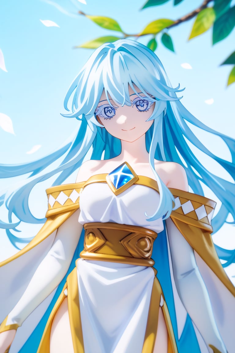 score_9, score_8_up, score_7_up, score_6_up, score_5_up, score_4_up, anime screencapBREAKelfaria_olis, 1girl, solo, light blue hair, long hair, colored eyelashes, blue eyes, chest jewel, off-shoulder dress, yellow sash, side cape, bridal gauntlets, pelvic curtain, looking at viewer, smile, closed mouth, upper bodyBREAKwind, wind lift, elfaria_olis,score_9,score_8_up,score_7_up,source_anime