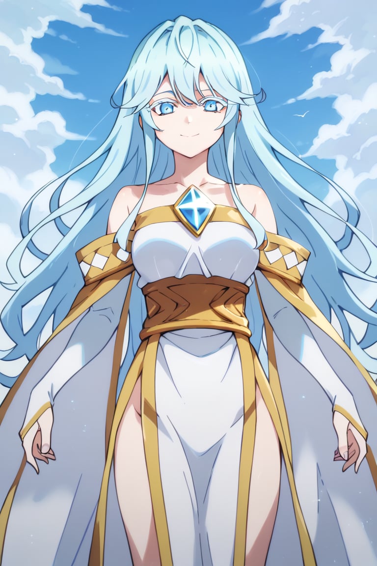 score_9, score_8_up, score_7_up, score_6_up, score_5_up, score_4_up, anime screencapBREAKelfaria_olis, 1girl, solo, light blue hair, long hair, colored eyelashes, blue eyes, chest jewel, off-shoulder dress, yellow sash, side cape, bridal gauntlets, pelvic curtain, looking at viewer, smile, closed mouth, upper bodyBREAKwind, wind lift, elfaria_olis