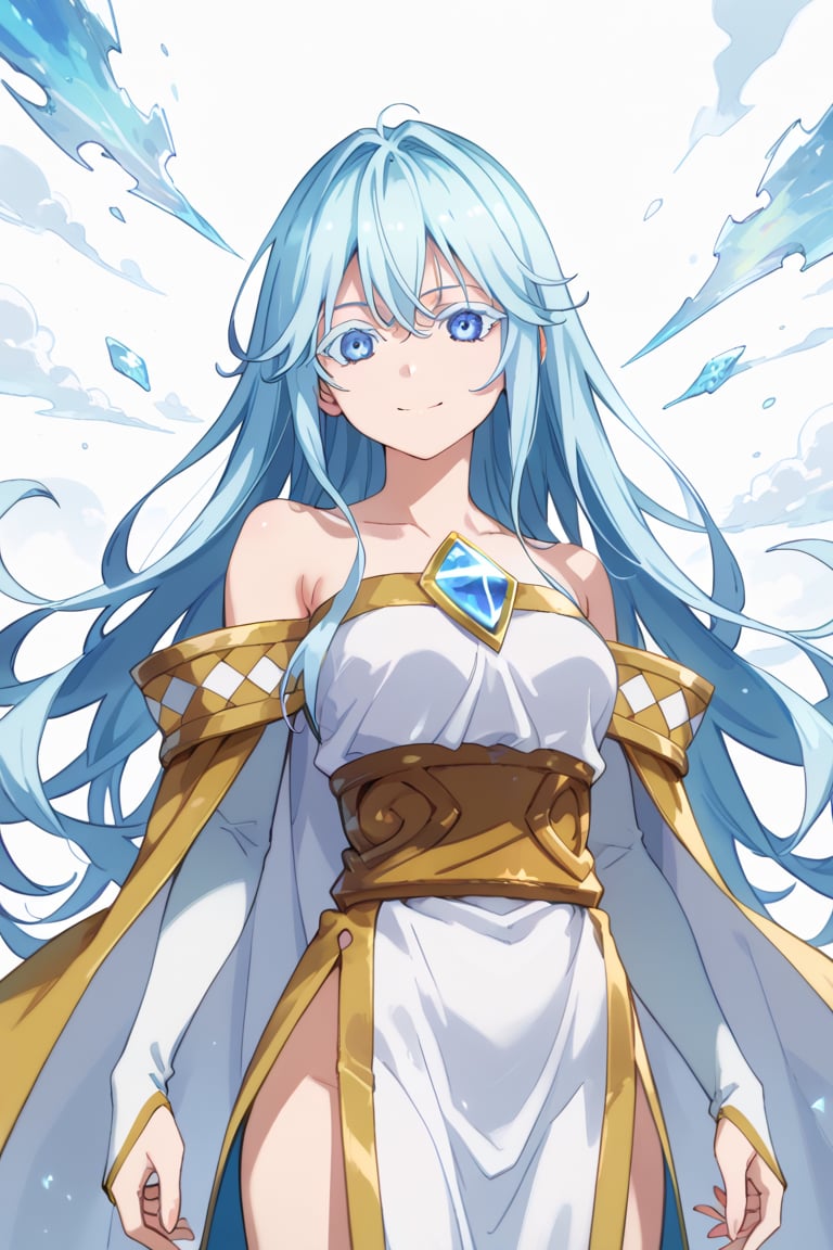 score_9, score_8_up, score_7_up, score_6_up, score_5_up, score_4_up, anime screencapBREAKelfaria_olis, 1girl, solo, light blue hair, long hair, colored eyelashes, blue eyes, chest jewel, off-shoulder dress, yellow sash, side cape, bridal gauntlets, pelvic curtain, looking at viewer, smile, closed mouth, upper bodyBREAKwind, wind lift, elfaria_olis