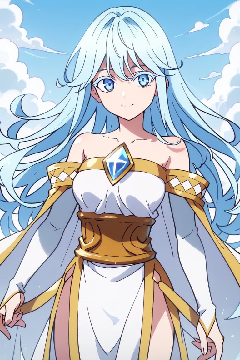 score_9, score_8_up, score_7_up, score_6_up, score_5_up, score_4_up, anime screencapBREAKelfaria_olis, 1girl, solo, light blue hair, long hair, colored eyelashes, blue eyes, chest jewel, off-shoulder dress, yellow sash, side cape, bridal gauntlets, pelvic curtain, looking at viewer, smile, closed mouth, upper bodyBREAKwind, wind lift, elfaria_olis