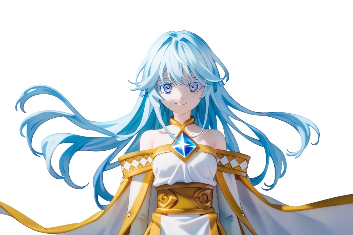 score_9, score_8_up, score_7_up, score_6_up, score_5_up, score_4_up, anime screencapBREAKelfaria_olis, 1girl, solo, light blue hair, long hair, colored eyelashes, blue eyes, chest jewel, off-shoulder dress, yellow sash, side cape, bridal gauntlets, pelvic curtain, looking at viewer, smile, closed mouth, upper bodyBREAKwind, wind lift, elfaria_olis,


,(( white background, blank background))