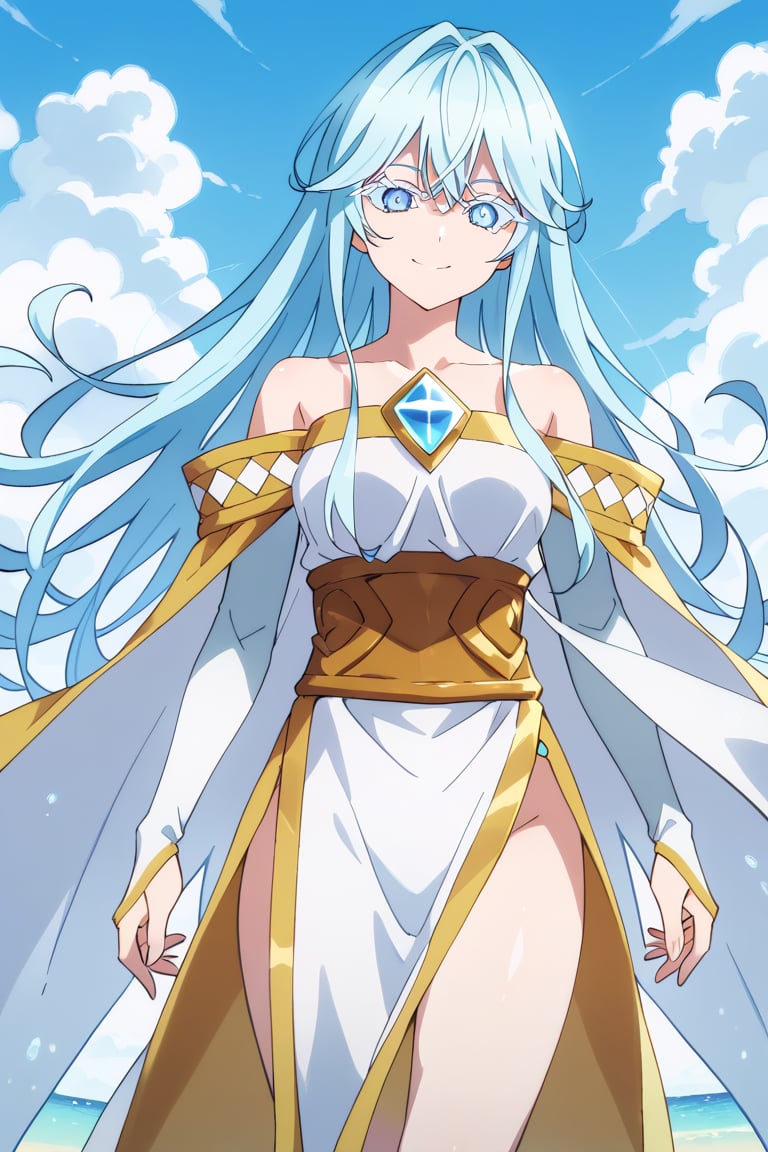 score_9, score_8_up, score_7_up, score_6_up, score_5_up, score_4_up, anime screencapBREAKelfaria_olis, 1girl, solo, light blue hair, long hair, colored eyelashes, blue eyes, chest jewel, off-shoulder dress, yellow sash, side cape, bridal gauntlets, pelvic curtain, looking at viewer, smile, closed mouth, upper bodyBREAKwind, wind lift, elfaria_olis